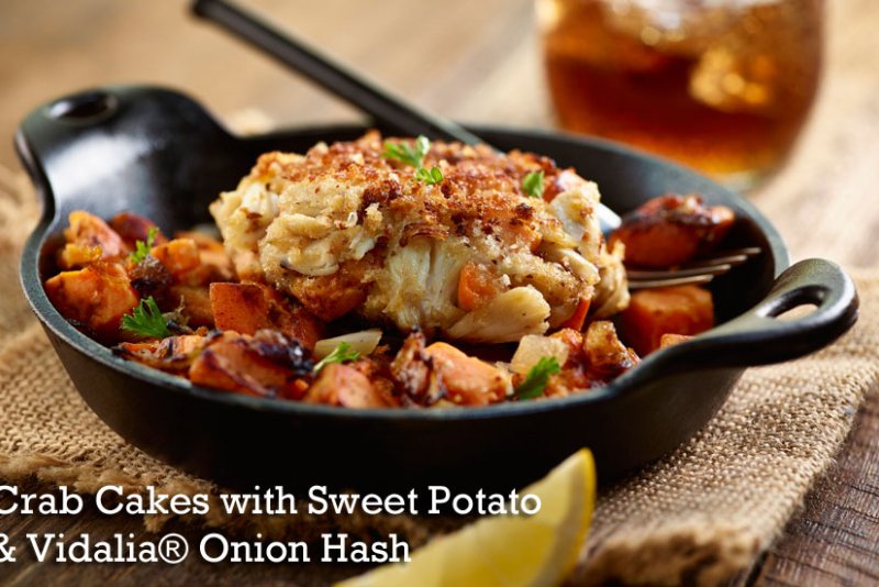 Crab Cakes with Sweet Potato & Vidalia® Onion Hash